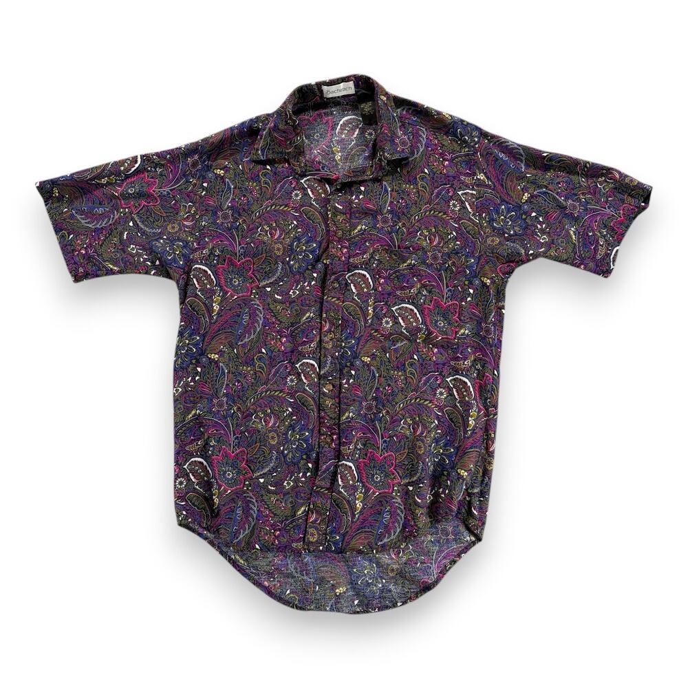 Vintage Bachrach Shirt Adult MEDIUM Purple Paisley Floral Rayon USA 90s